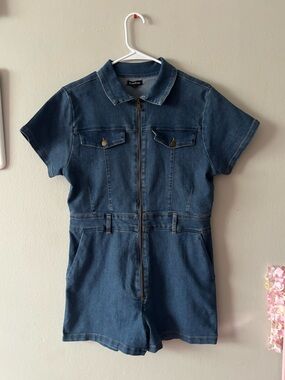 bebe Denim Zip-Front Romper in Blue